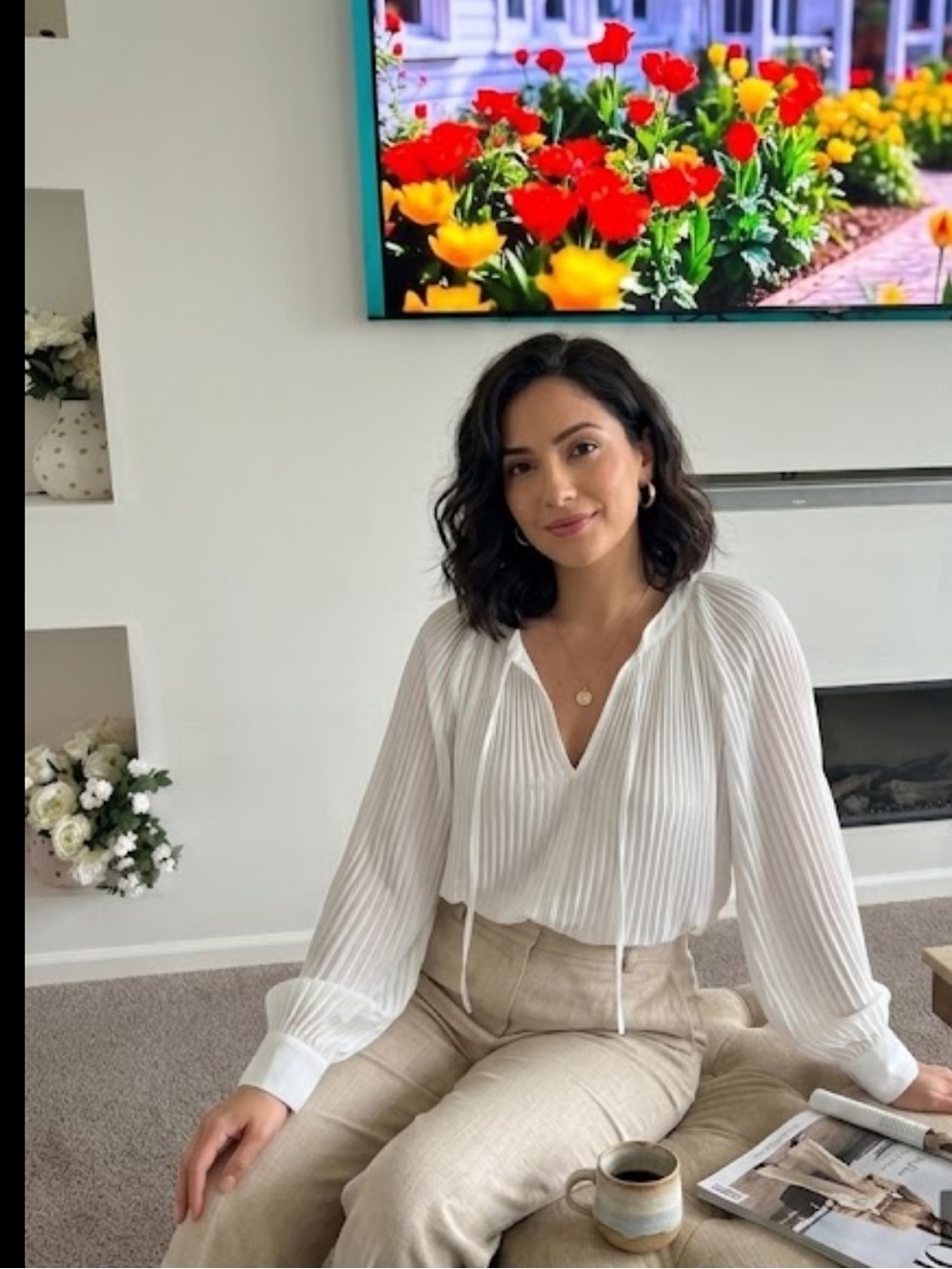 Chico's White Pleated Long-Sleeve Blouse with Tie Neck